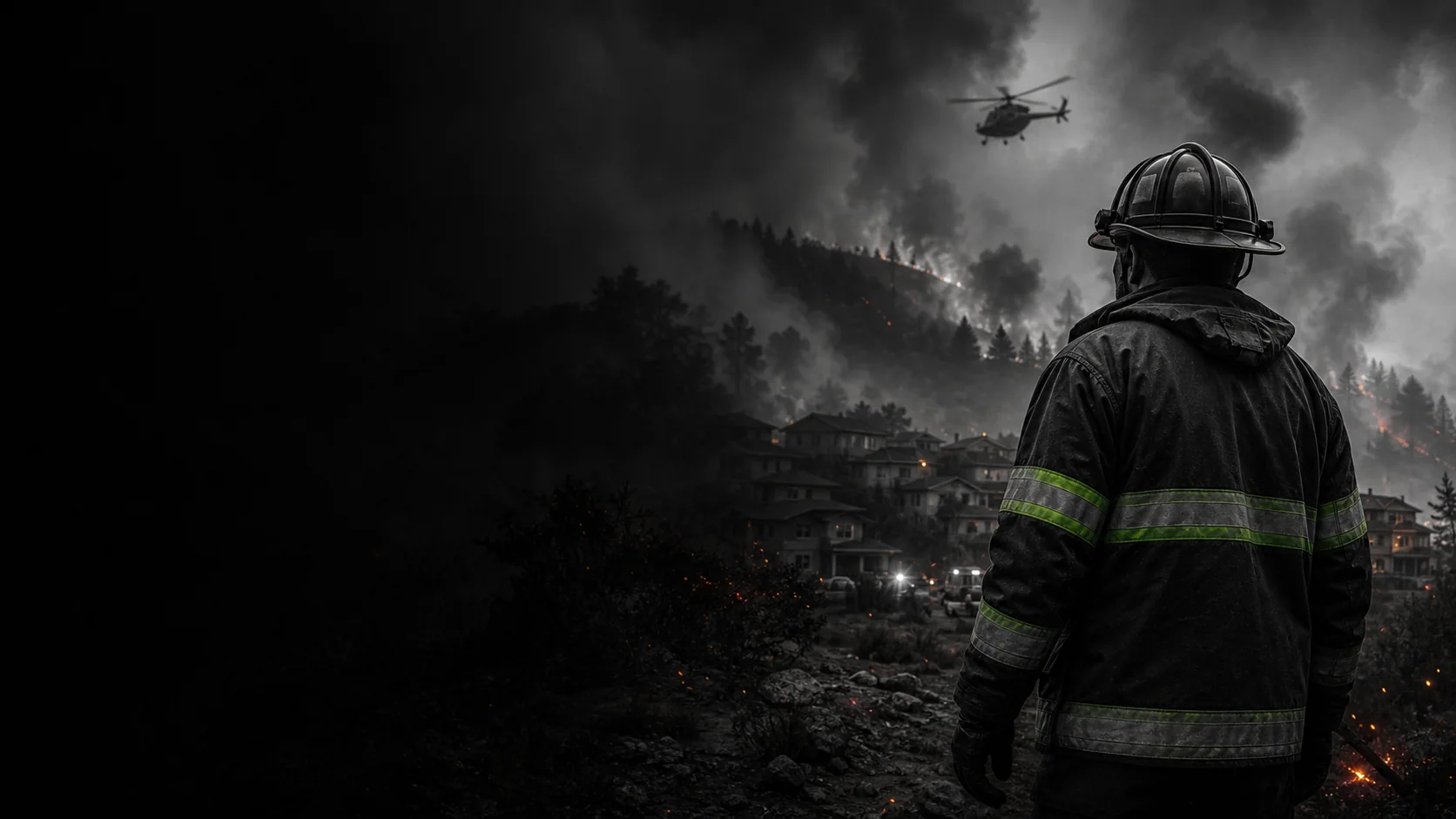 Illustrative firefighter overlooking a wildland-urban interface incident